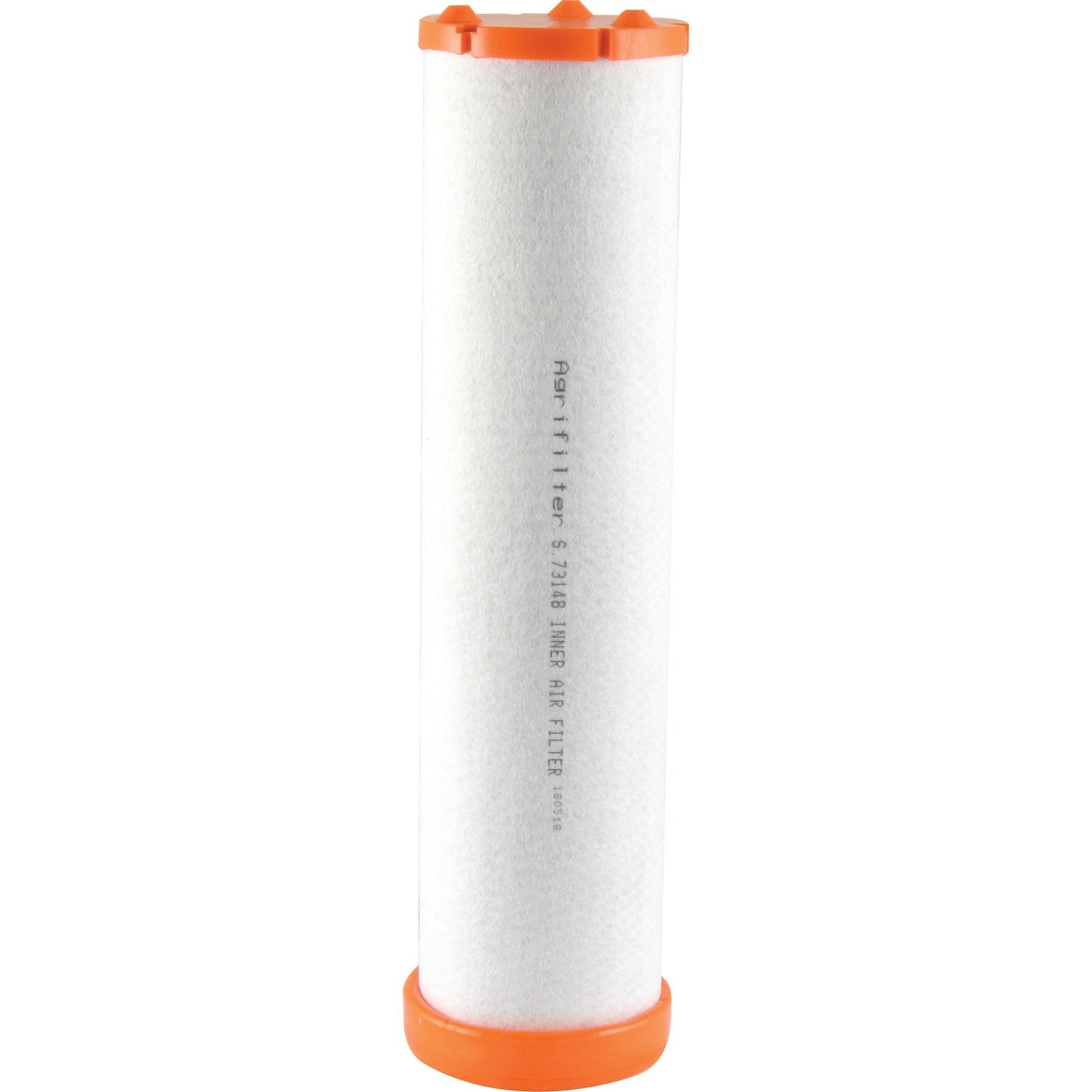 A cylindrical white air filter with orange end caps and text printed on the side, resembling a Sparex Air Filter - Inner - AF26662 (Sparex Part No.S.73148).