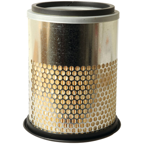 The Sparex AF1856 (S.76337) outer air filter is a cylindrical filter with a perforated metal surface and sturdy plastic top and bottom edges, engineered for optimal performance in Massey Ferguson machinery.