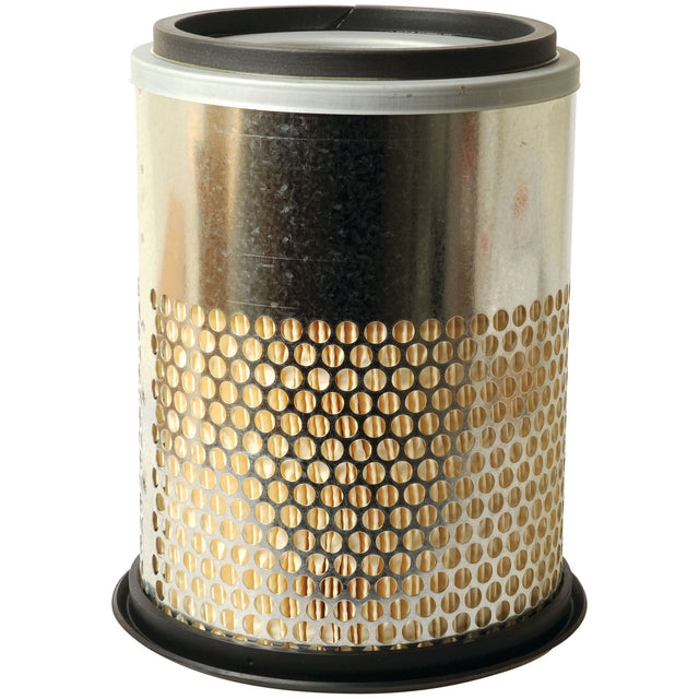 The Sparex AF1856 (S.76337) outer air filter is a cylindrical filter with a perforated metal surface and sturdy plastic top and bottom edges, engineered for optimal performance in Massey Ferguson machinery.