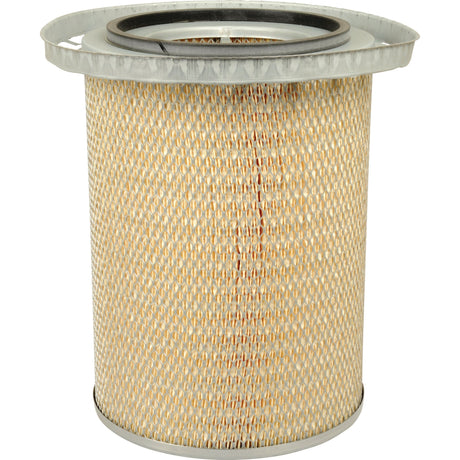 The Sparex Air Filter - Outer - AF25341 (Sparex Part No. S.76348) features a dense, beige, mesh-like material encased in a cylindrical metal frame with metal top and bottom. This filter is perfect for heavy-duty equipment such as John Deere machinery.