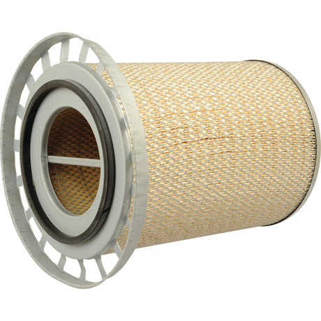 Close-up of a cylindrical air filter featuring a metal frame and pleated paper material, resembling the Sparex Air Filter - Outer - AF25341 (Sparex Part No.S.76348), often used in John Deere machinery.