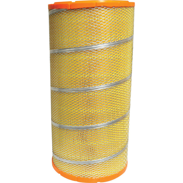This cylindrical air filter, featuring a yellow mesh exterior and orange ends, is designed to meet the high standards of Donaldson Filters. Product: Air Filter - Outer | Sparex Part No. S.118342 from Sparex.