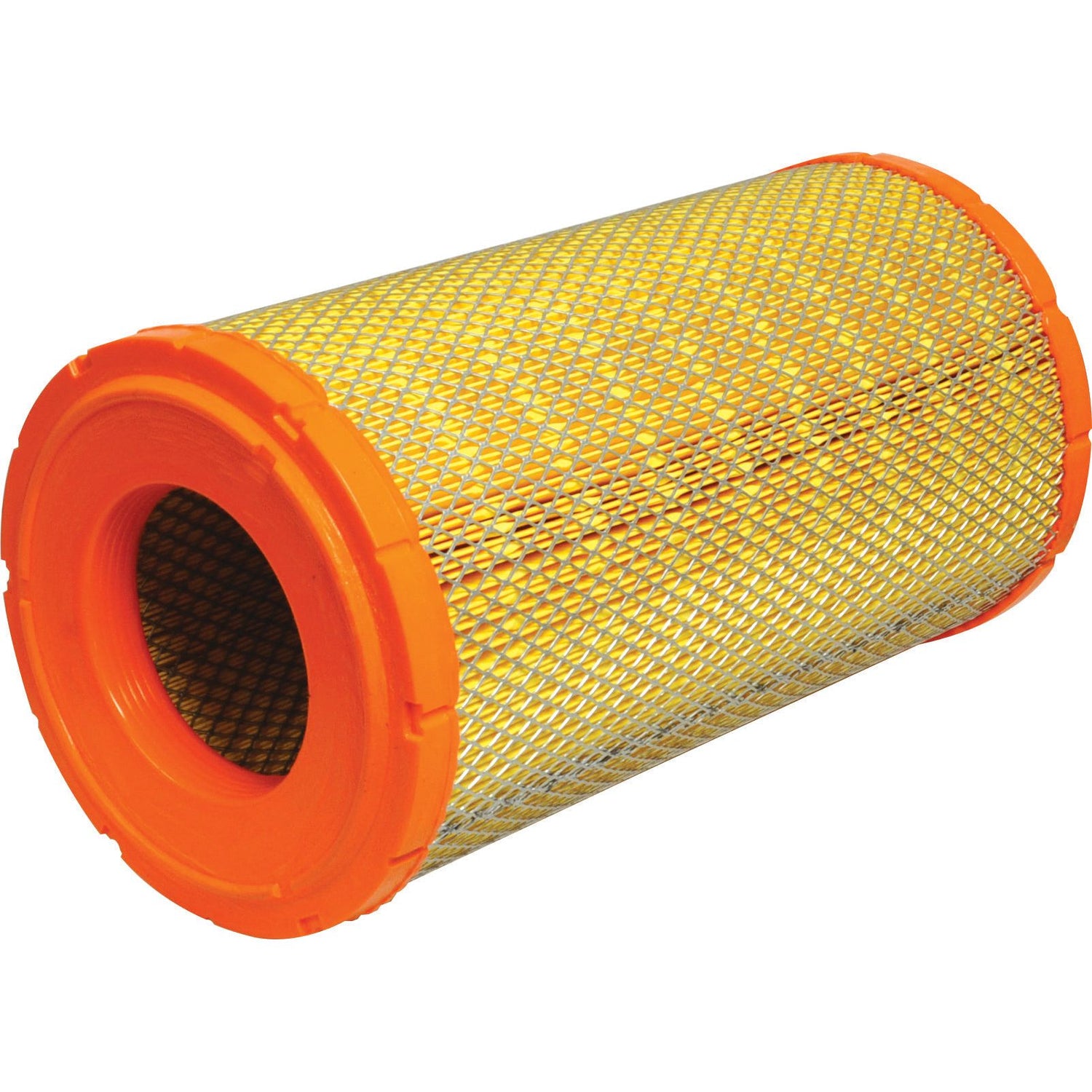 The Sparex Air Filter - Outer (Part No. S.119417) features a cylindrical design with a yellow mesh body and orange end caps, making it ideal for Ford New Holland.