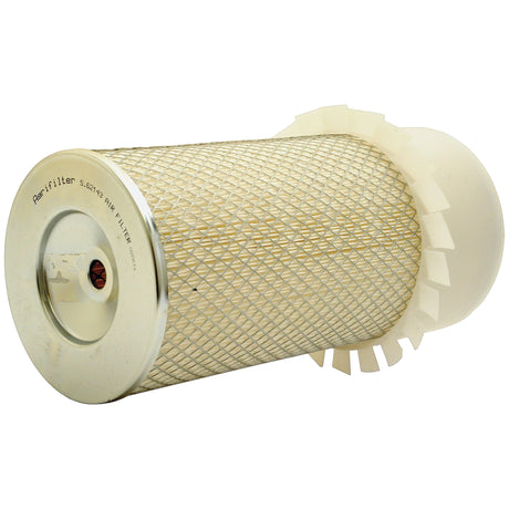 Introducing the Sparex Air Filter - Outer (Sparex Part No. S.62143), featuring a durable cylindrical design with a metal mesh exterior and a white plastic end cap, perfect for machinery or automotive use, including John Deere and Deutz-Fahr equipment.
