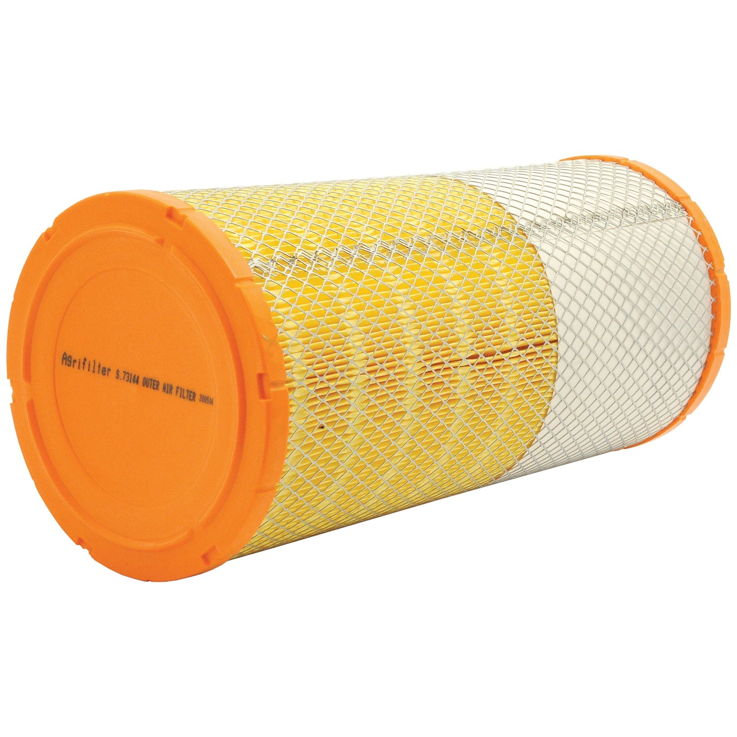 A cylindrical Sparex Air Filter - Outer (Sparex Part No. S.73144) features orange end caps and a yellow and white mesh exterior, suitable for Fendt machinery.