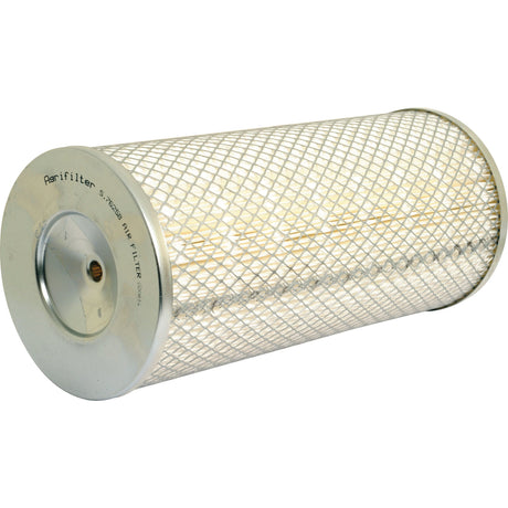 A cylindrical Sparex Air Filter - Outer (Sparex Part No. S.76258) with a metal mesh exterior, designed for Case IH equipment. This filter features flat metal ends, one closed and the other with a central hole.