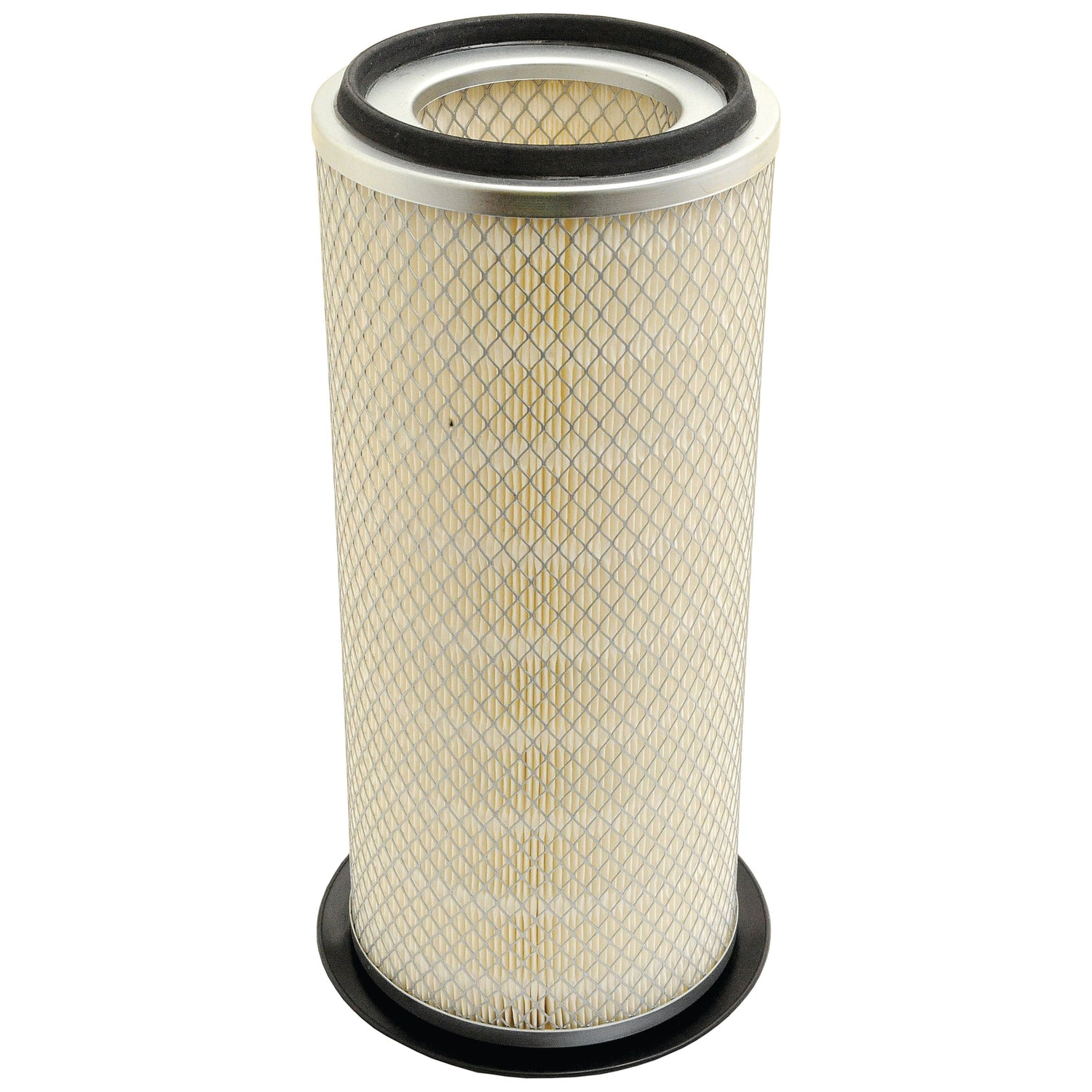 The Sparex Air Filter - Outer (Part No. S.76516) features a cylindrical design with a pleated paper element and a metal mesh exterior. It is equipped with black rubber seals at both ends, ensuring compatibility with Ford New Holland models.