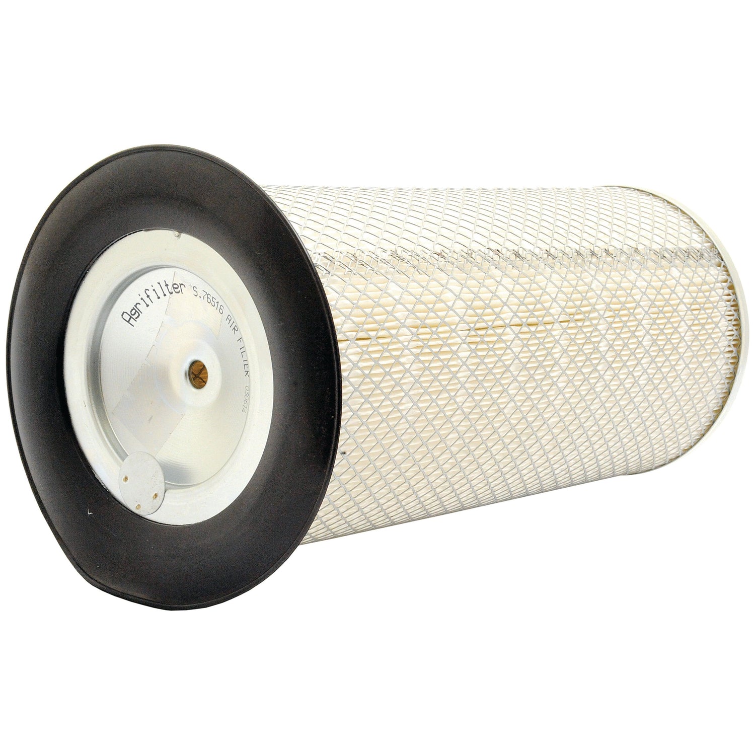 The Sparex Air Filter - Outer (Part No. S.76516) features a cylindrical design with a mesh exterior and rubber ends, making it an ideal fit for Ford New Holland tractors. The angled view highlights its structure and texture, emphasizing its quality and compatibility.