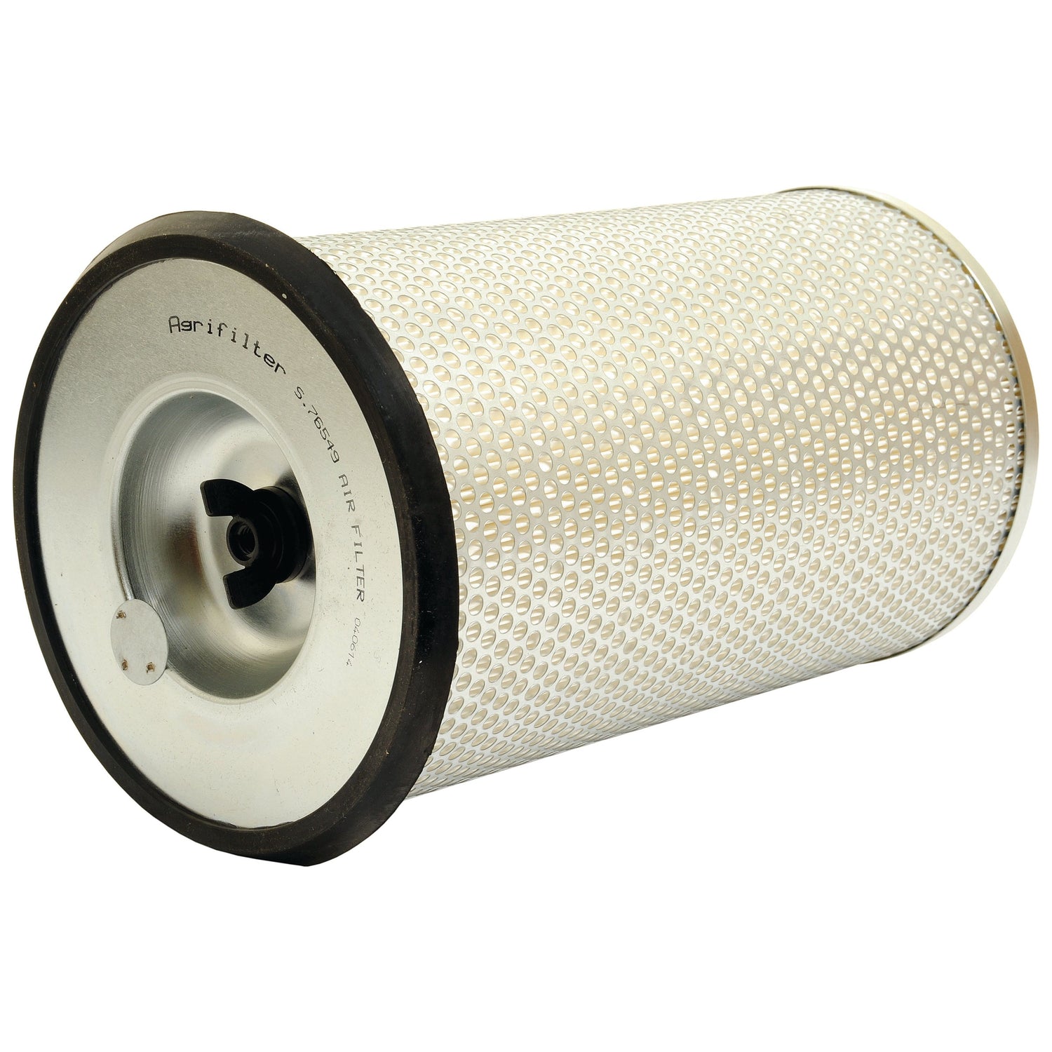 A Sparex air filter, model S.76549, features a cylindrical design with a mesh-like surface and black end caps. It is compatible with Fiat New Holland models and replaces the AgriFilter OF 3524D.