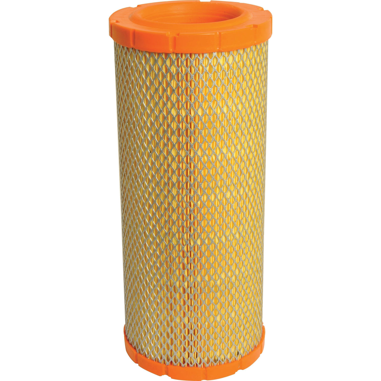 The Sparex Air Filter - Outer (Sparex Part No. S.76875) features a cylindrical body with a yellow mesh and orange plastic ends, making it an ideal fit for Case IH and Deutz-Fahr machinery.
