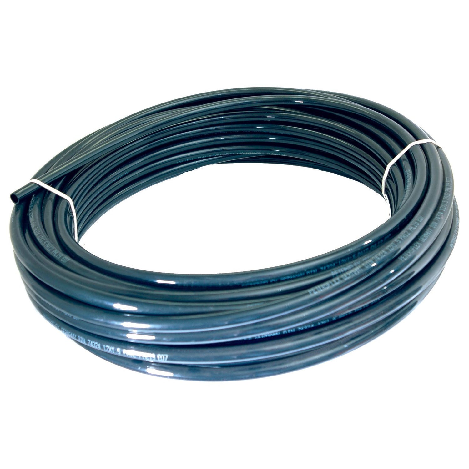 A 25-meter coiled black plastic Air Line Pipe, secured with white ties and compatible with Sparex components (Part No. S.35701).