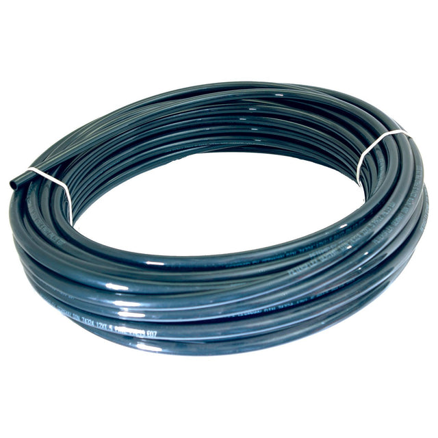 A 25-meter coiled black plastic Air Line Pipe, secured with white ties and compatible with Sparex components (Part No. S.35701).