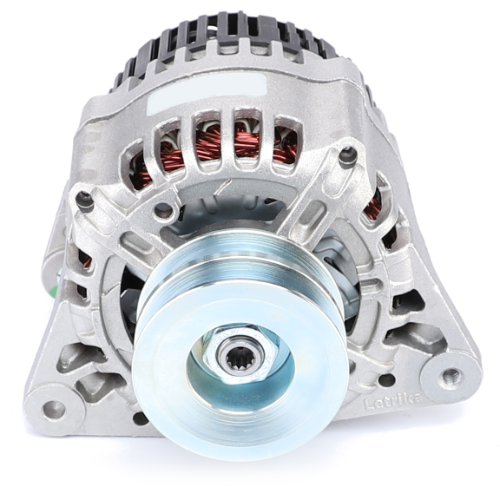 A close-up image of the AGCO Massey Ferguson - Alternator 120amp - 3788017M92, featuring a metallic housing and copper coils.