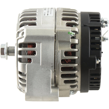Side view of a 150 Amps AGCO Mahle silver and black car alternator (4281878M93), featuring cooling vents, wiring, and electrical connectors.
