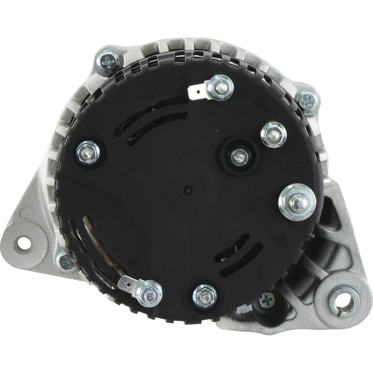 Back view of the Sparex Alternator (14V, 120 Amps, Sparex Part No.S.150724) with a black casing, visible metal components and bolts, and equipped with a Double Groove Pulley.