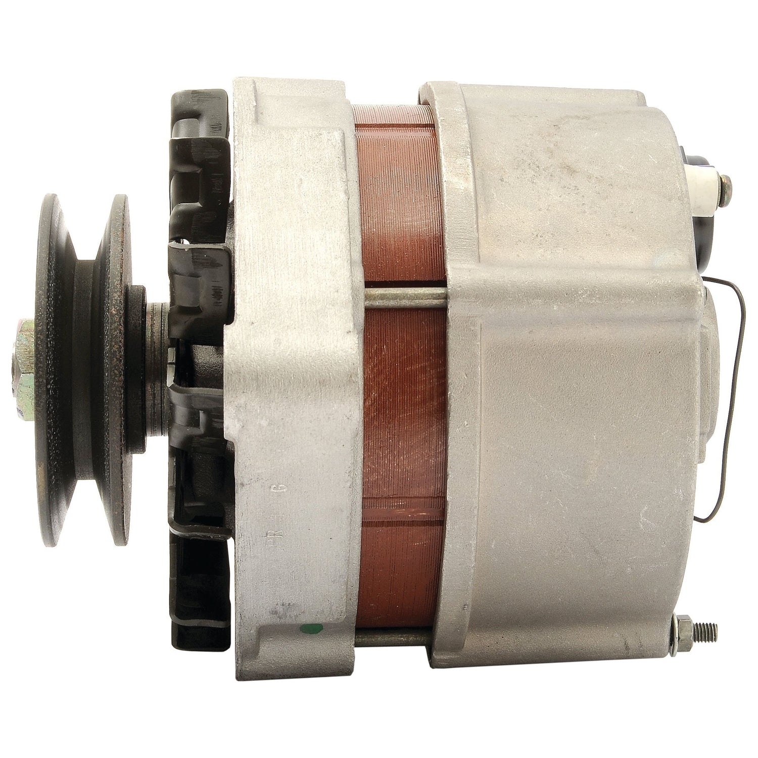 A side view of the Alternator (Sparex) - 12V, 33 Amps | Sparex Part No. S.41162 displays its metallic casing, rotor, and Pulley Ø 80mm system. Perfectly compatible with Massey Ferguson models and adheres to Sparex quality standards.