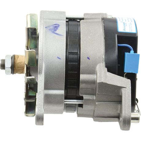 A side view of the Sparex 12V Alternator (65 Amps, Part No. S.359661) with visible bolts and wiring, featuring a cylindrical shape and cooling fins.