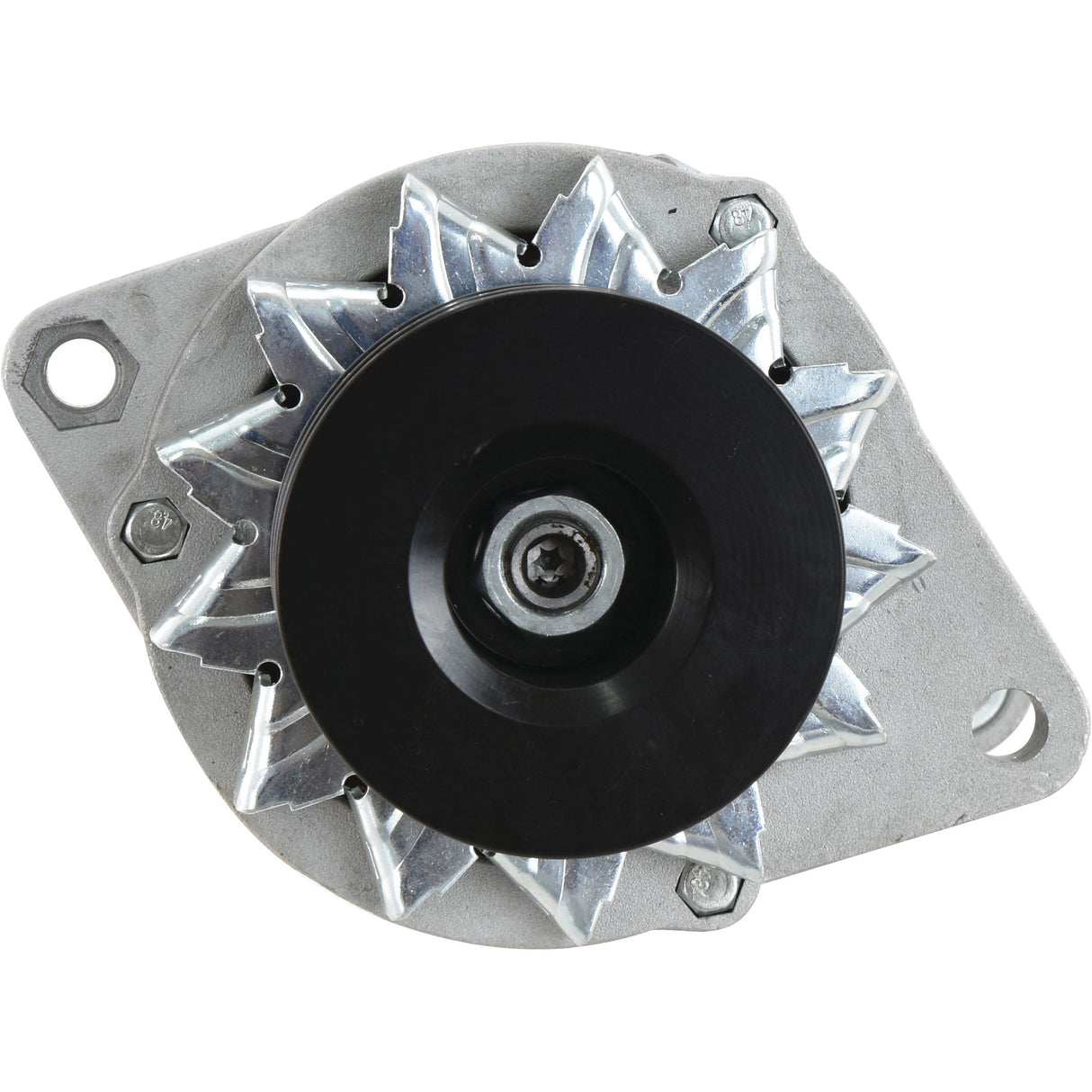 A top view of the Sparex Alternator (12V, Amps | Sparex Part No.S.150766) showcasing a metallic fan and a black central Double Groove Pulley.