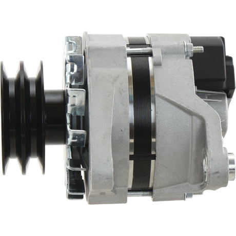 A close-up image of a silver Alternator (Sparex) - 12V, Amps | Sparex Part No.S.150766 with a black Sparex Double Groove Pulley attached, typically used in automotive engines.