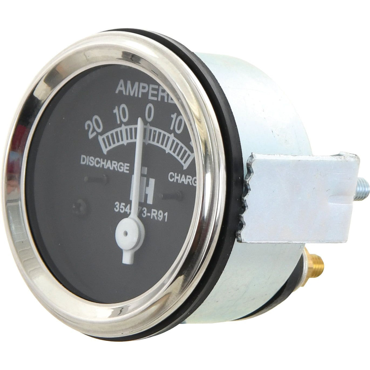 A circular ammeter with a chrome bezel, from Sparex, indicating a range from 0 to 20 amps and labeled "AMPS" with a center needle pointing to zero. The Ammeter (Sparex Part No. S.68984) is attached to a mounting bracket and features the iconic colors of Case IH.