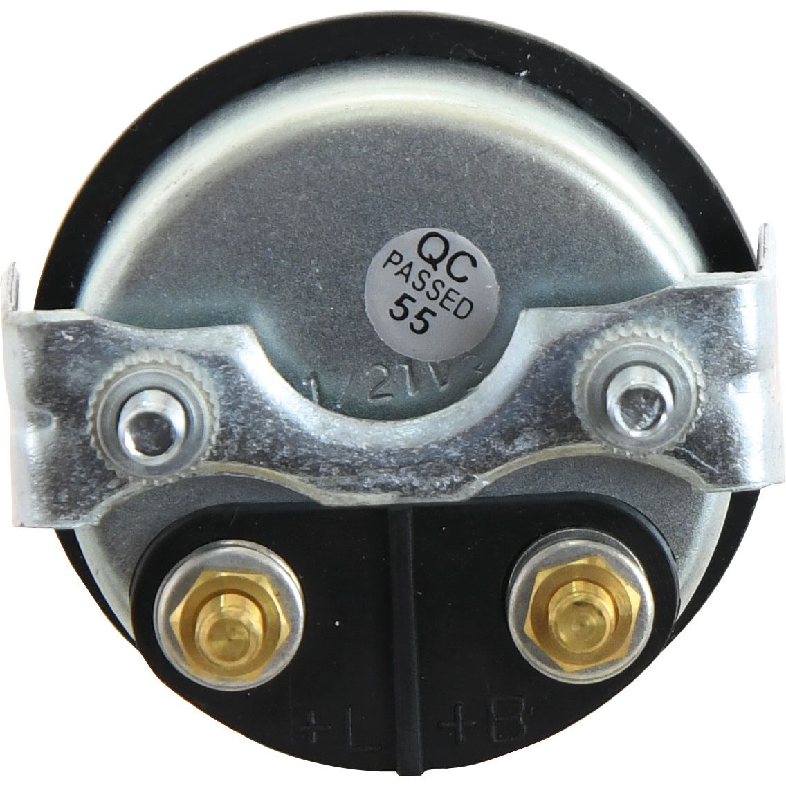 Close-up of a Sparex Ammeter, 0/20Amps (Sparex Part No. S.68984), featuring a round electrical component with two metal connectors on top labeled "+L" and "+B" at the bottom. The center has a silver label stating "QC PASSED 55.