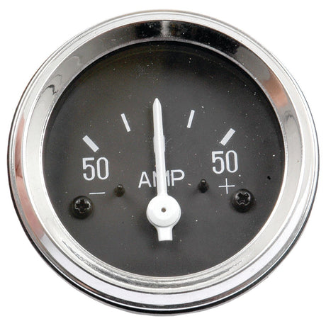 The Sparex Ammeter (Part No. S.61064) is a round analog gauge with an illuminated black face and a needle positioned at zero. The scale ranges from -50 to +50 amps, with "AMP" displayed at the center. It also features a chrome ring bezel for added durability and style.