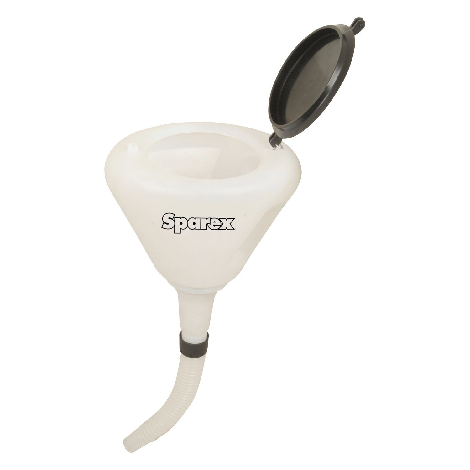 Sparex Anti Splash Funnel⌀8'' - S.25455 with a 1.7-liter capacity, featuring an attached flexible spout and a black flip-top lid.