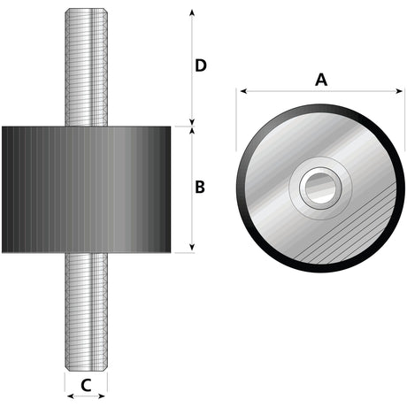 Technical diagram of the Sparex Anti Vibration Mount - Bolt to Bolt, Ø30mm. (S.55408) with dimensions labeled as A, B, C, and D, depicting a cylindrical object with a shaft and thread size M8.