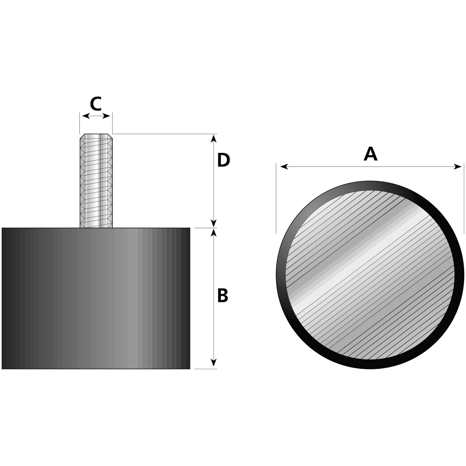 Technical diagram of the Sparex Anti Vibration Mount - Bolt to Foot, Ø50mm. (S.55474) with labeled dimensions: diameter (A), height (B), threaded post diameter (C) with Metric thread, and total height including the post (D). The image shows front and top views.