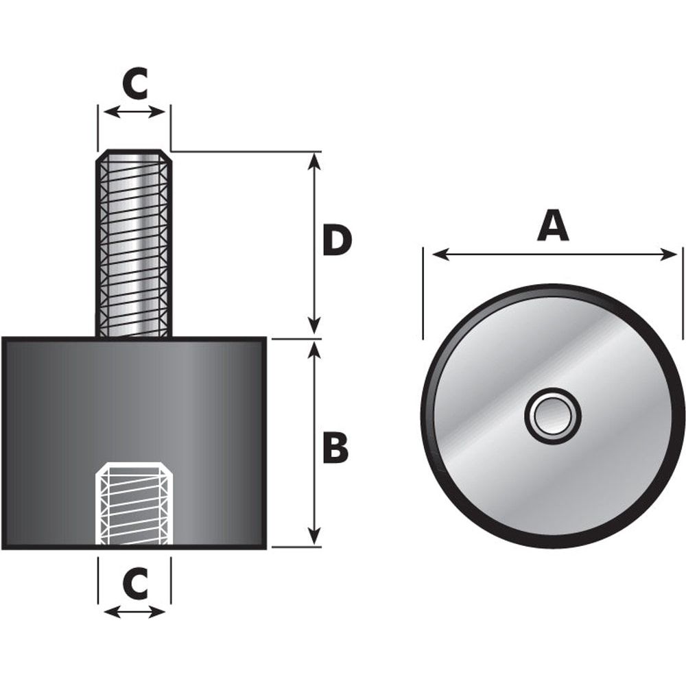 Technical diagram showing the "Anti Vibration Mount - Bolt to Taper, Ø75mm. - S.55444" from Sparex, featuring a cylindrical object with a threaded rod on top. Measurements labeled include: A denotes the 75mm diameter of the cylinder, B and D indicate heights (with rubber height 50mm), and C represents the diameter of the rod. The metric thread size is M12.