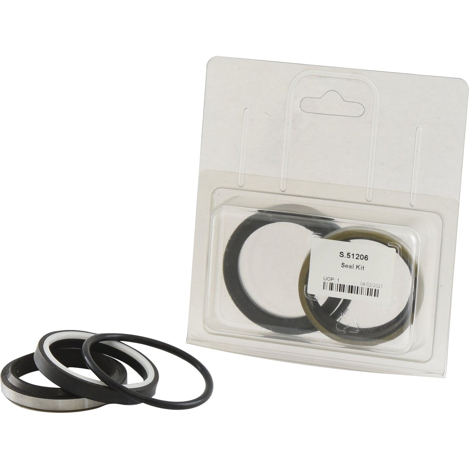 Image of a Sparex seal kit (Assistor Ram) in plastic packaging, displaying several black circular seals with an attached label marked "Sparex Part No. S.51206." Additional loose seals are placed beside the packaging, making it ideal for Assistor Ram applications.