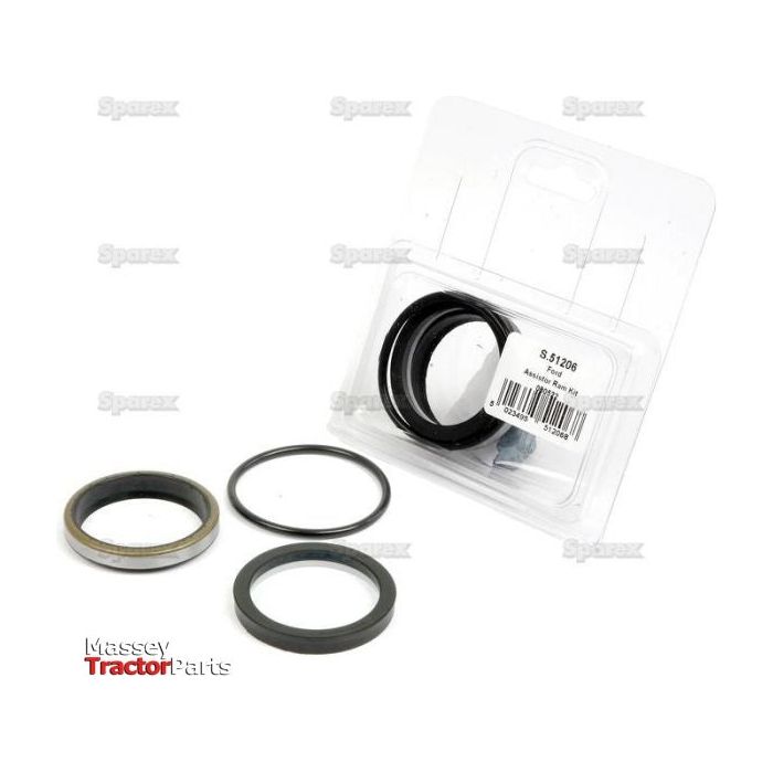 A set of black rubber seals in different sizes and a packaging labeled "SPAREX" and "S.51206." The package displays Massey Tractor Parts branding, suitable for Ford / New Holland applications.