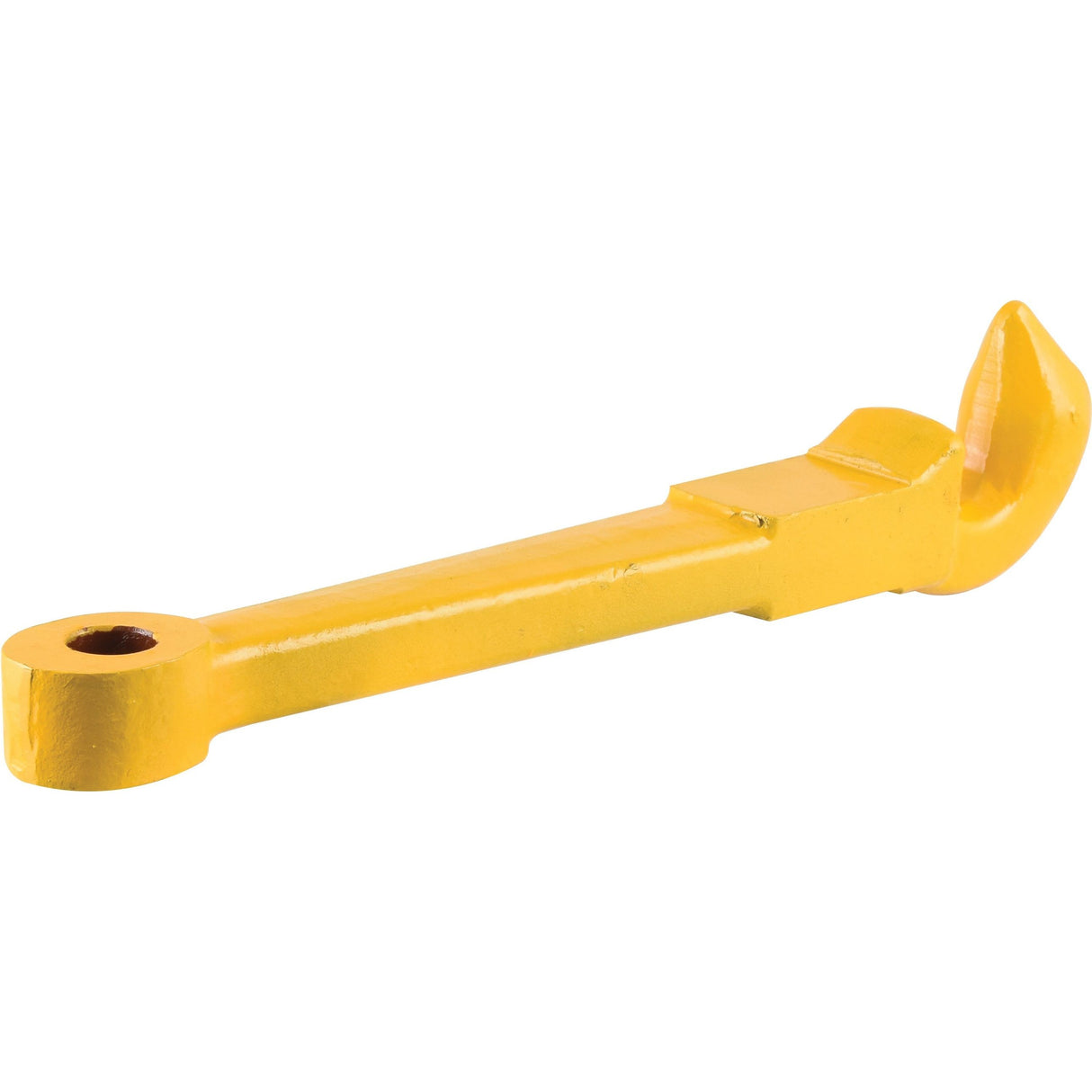 The Auto Hitch Hook by Sparex (Part No. S.41306) is a yellow cast metal handle with a 25mm diameter hole at one end and a curved hook at the other end, making it ideal for Massey Ferguson machinery. The overall length of the handle is 491mm.