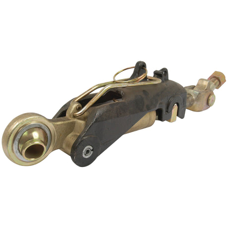 Close-up of a Sparex Automatic Bar Hole Stabiliser with Float Position (S.33163), showcasing several connected parts in a sophisticated black and gold finish. Designed for high-performance engines, this component merges durability with elegance. Detailed manufacturing information and full product specifications are available upon request.