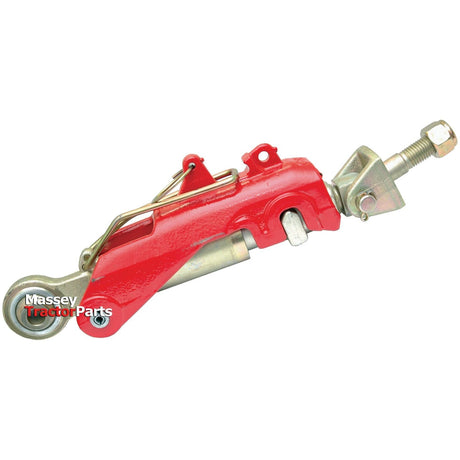 A red mechanical tractor part with a cylindrical metal component and a fixed bolt, labeled "Sparex Automatic Bar Hole Stabiliser with Float Position - S.33165." Suitable for various models, it includes essential manufacture information.