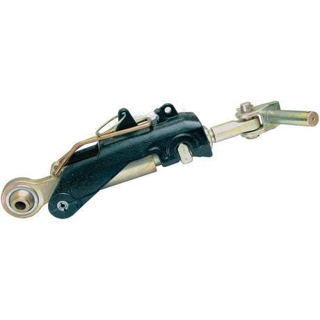 Close-up of the Automatic Bar Hole Stabiliser with Float Position - S.33166 by Sparex, showcasing its black and metallic mechanical design featuring a lever and connecting rod for linkage or control operations. Suitable for various applications, this component meets rigorous specifications.