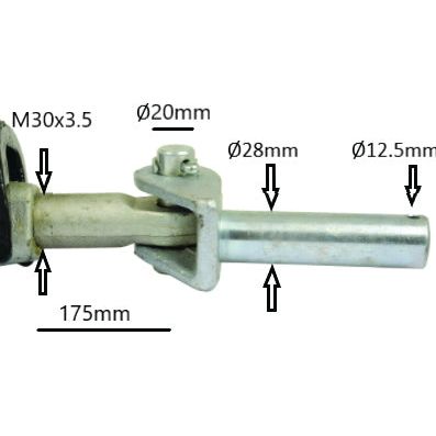 Close-up image of the Sparex Automatic Bar Hole Stabiliser with Float Position - S.33166, highlighting annotated manufacture information and measurements: 175mm length, M30x3.5 thread size, diameter 20mm, 28mm, and 12.5mm at different sections.