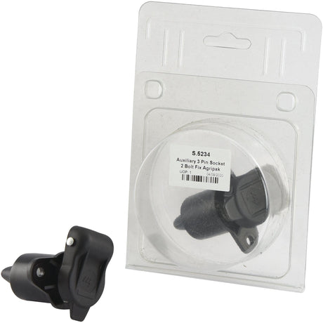 3 Pin Auxiliary Socket for your vehicle, featuring a female pin in durable plastic and secured with 2 bolts. Displayed both separately and in its Agripak retail packaging. Compatible with Sparex parts and designed for seamless integration into your vehicle's 12V system. Sparex Part No.: S.5234