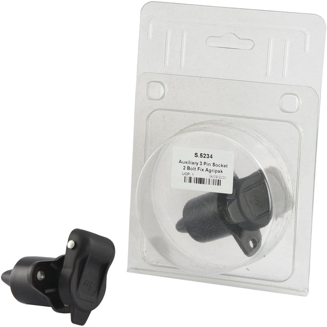 3 Pin Auxiliary Socket for your vehicle, featuring a female pin in durable plastic and secured with 2 bolts. Displayed both separately and in its Agripak retail packaging. Compatible with Sparex parts and designed for seamless integration into your vehicle's 12V system. Sparex Part No.: S.5234