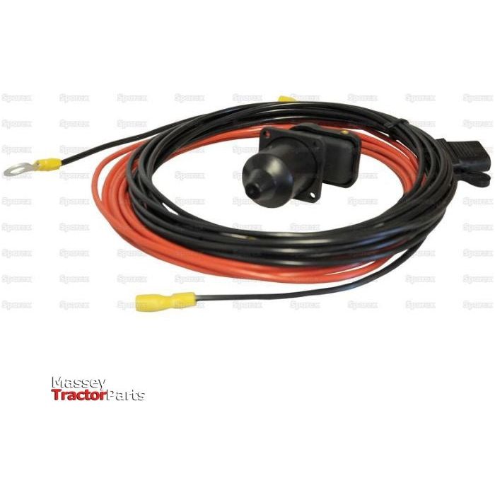 The Auxiliary Equipment Power Cable 5M, 3 Pin, Female / Female - S.23581 by Sparex is a coiled red and black 2 Core Cable. It measures 16ft with a 4mm² diameter and features yellow connectors along with a black switch or sensor that is attached to a flat mounting bracket. The image includes a "Massey Tractor Parts" logo at the bottom left.
