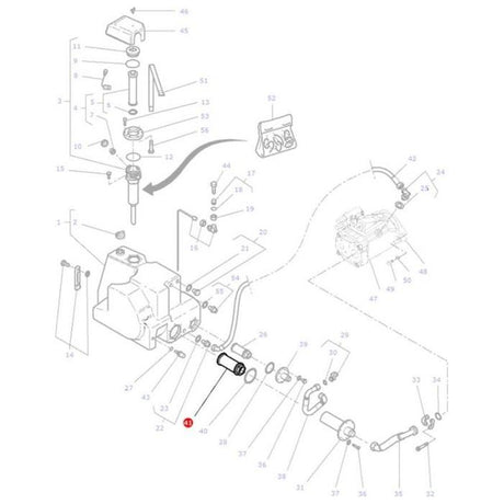 Exploded diagram of a mechanical assembly featuring numerous numbered components, such as bolts, housings, and cables. Part 22 is distinctly highlighted in red. This detailed illustration specifically relates to the Massey Ferguson - Auxiliary Hydraulic Filter - 3785235M4 by AGCO for the Massey Ferguson 7600 series.