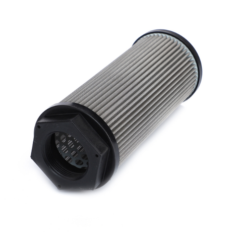 The AGCO Massey Ferguson Auxiliary Hydraulic Filter - 3785235M4 features a cylindrical metal mesh design with hexagonal ends, black accents, and an open lattice structure inside, ensuring seamless compatibility with the Massey Ferguson 7600.
