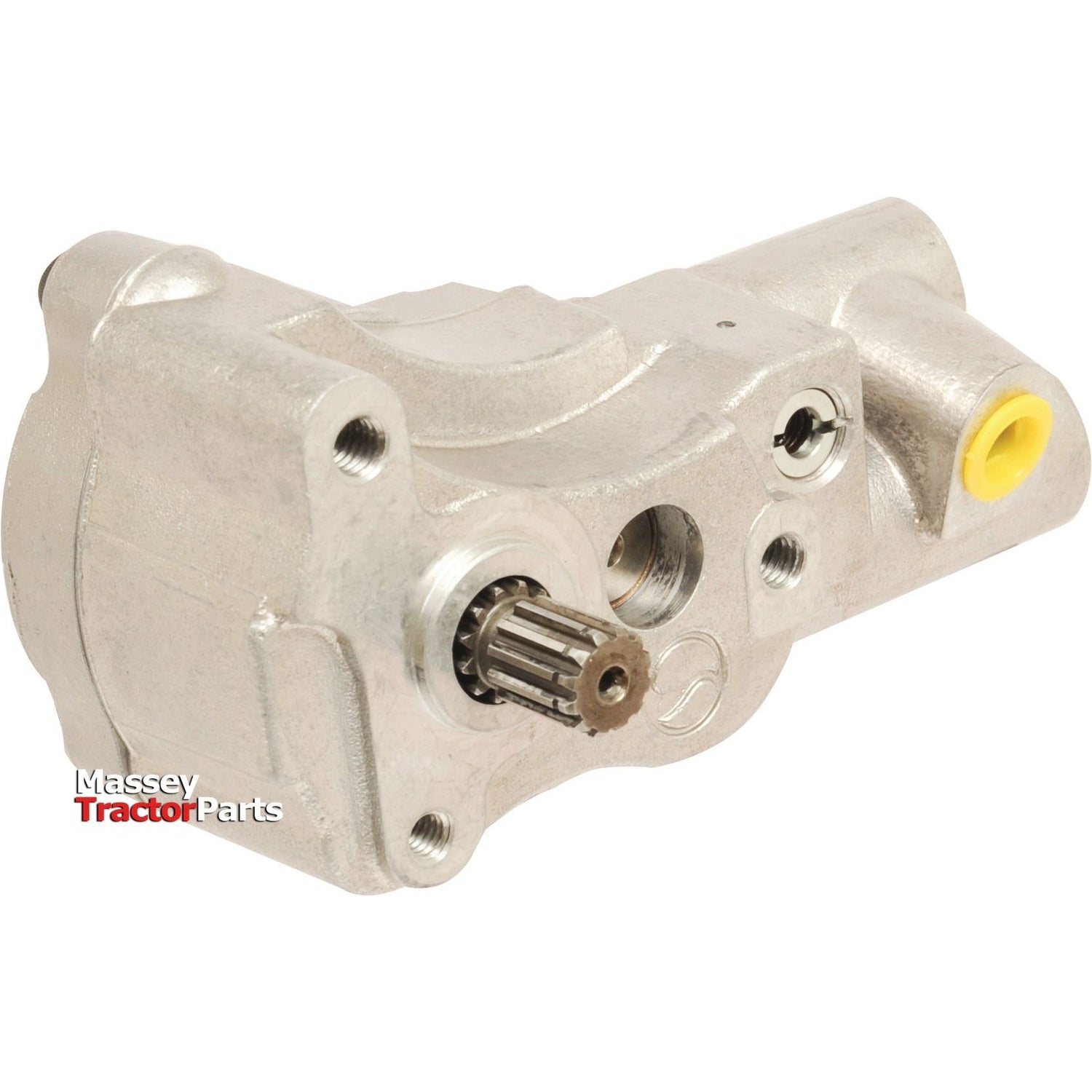 A silver metal pump part with gears and various attachment points, branded as Sparex, featuring an Auxiliary Hydraulic Pump for Massey Ferguson (Sparex Part No. S.40873), against a white background.