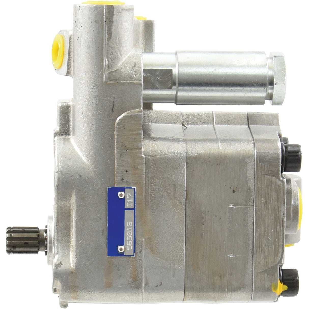 A metallic Auxiliary Hydraulic Pump (Sparex Part No. S.40875) featuring a cylindrical extension, twin inlets, various bolt fittings, and a blue Sparex identification tag with markings.