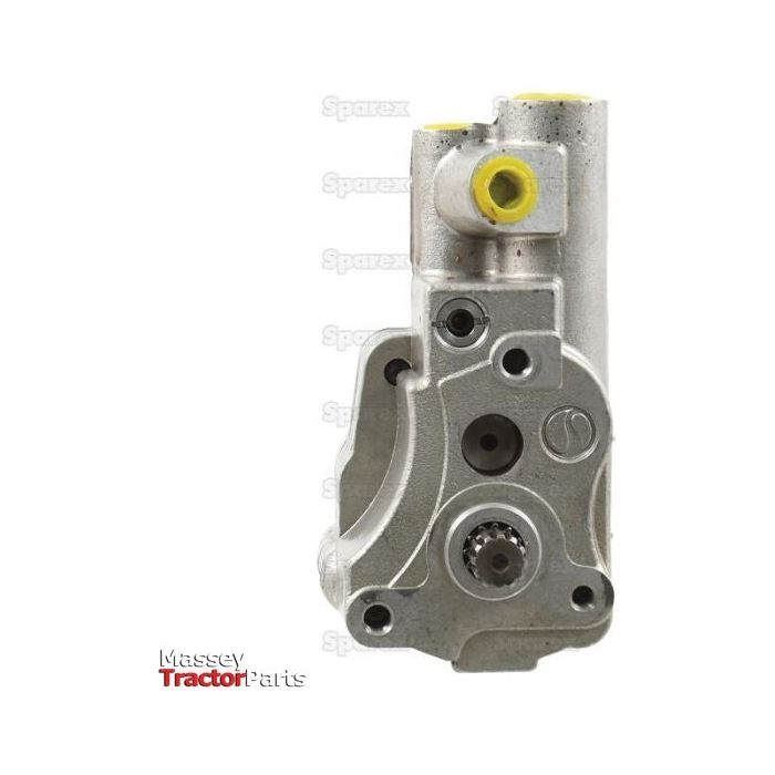 A close-up view of a compact, metallic tractor part with a shiny finish featuring various cylindrical and gear-like components can be seen. The Sparex logo is visible in the lower-left corner, highlighting the Auxiliary Hydraulic Pump (Sparex Part No. S.40875) with twin inlets.