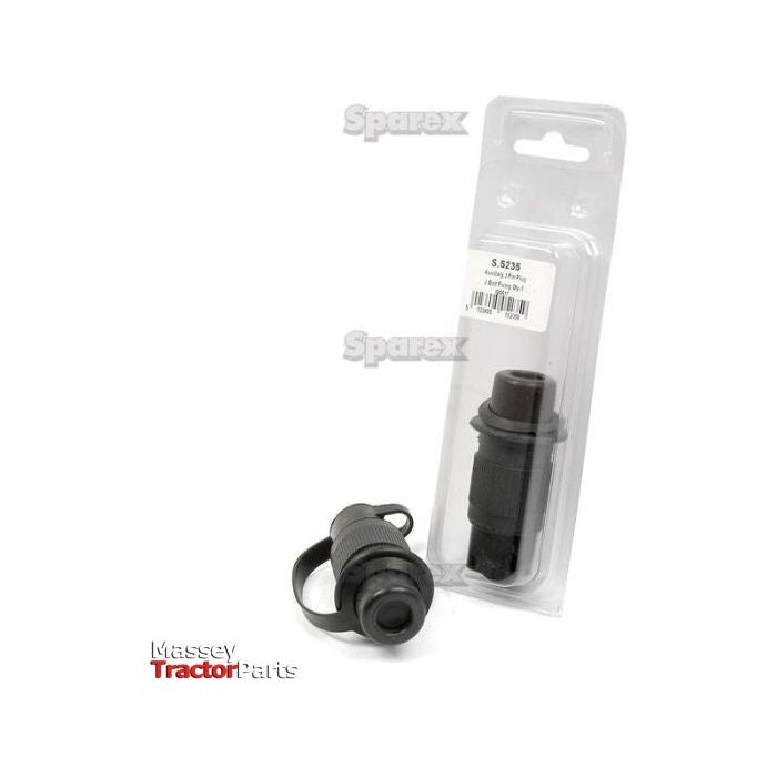 A black electrical connector housed in a clear plastic package, paired with an identical unwrapped connector that has a protective cap, both featuring the "Sparex" manufacturer logo, is a great alternative to 56376. This product is known as the Auxiliary 3 Pin Plug Agripak - S.5235.