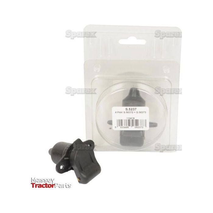 An Auxiliary 3 Pin Plug and Socket 2 Bolt Fix Agripak, labeled "S.5237" by Sparex, is displayed in front of its sealed packaging featuring the Massey Tractor Parts logo at the bottom.