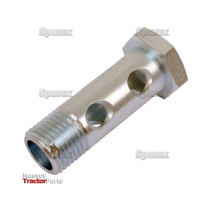 The BANJO BOLT DBL M10x1 NW4 - S.37223 by Sparex is a metal hydraulic banjo bolt with threaded ends and two holes along the shaft, featuring a nominal I.D. and thread size ideally suited for your needs. It is photographed against a white background with logos of "Sparex" and "Massey Tractor Parts.