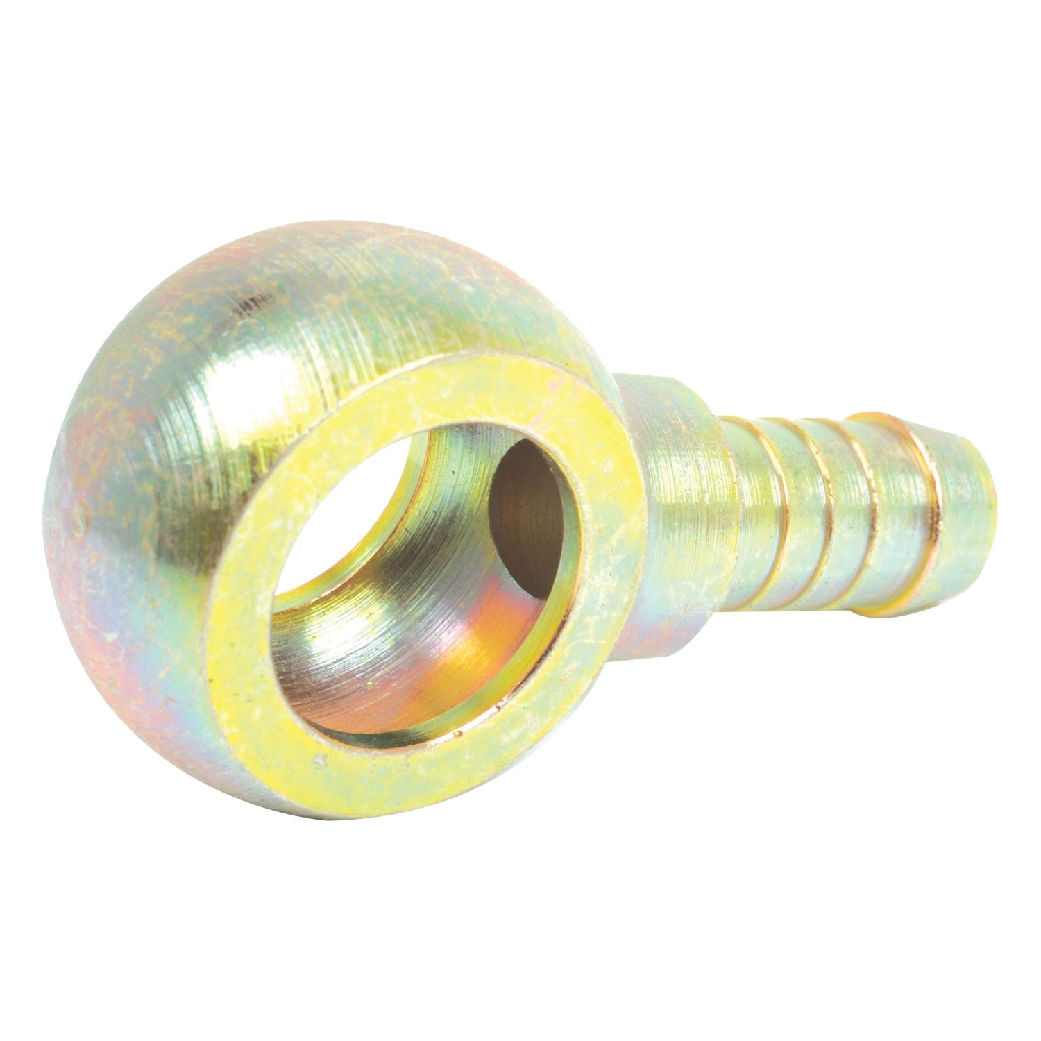 The Sparex Banjo Fitting A Ø 16mm DN08 - 9.00mm (Sparex Part No.S.55194) is a metallic hydraulic fitting with a round eyelet and a barbed end, designed for connecting hoses with an internal diameter of 9.00mm in fluid power systems.