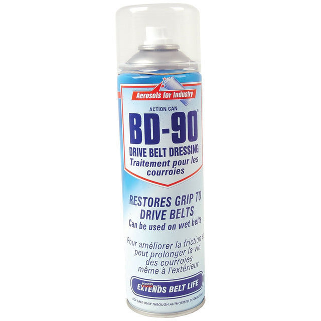 A 500ml aerosol can of BD-90 Belt Dressing (Sparex Part No. S.14683), designed to restore grip and prevent slippage on drive belts even when wet, ultimately aimed at extending belt life. This product is brought to you by the brand Sparex.